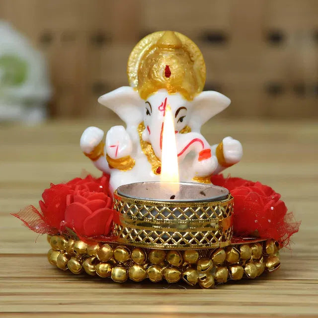 eCraftIndia Lord Ganesha Idol on Decorative Plate with Tea Light Holder 31425