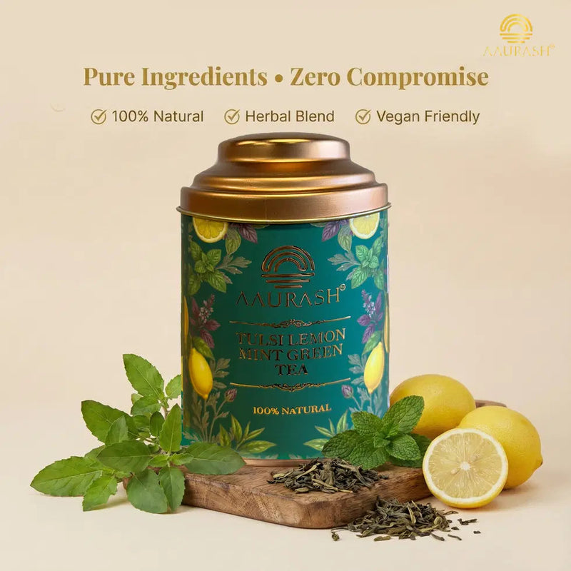 Aaurash Tulsi Lemon Mint Green Tea | Lemon Mint Flavor | Refreshing Blend | Loose Tea Tulsi Herbal Tea Tin (60 g) 34136