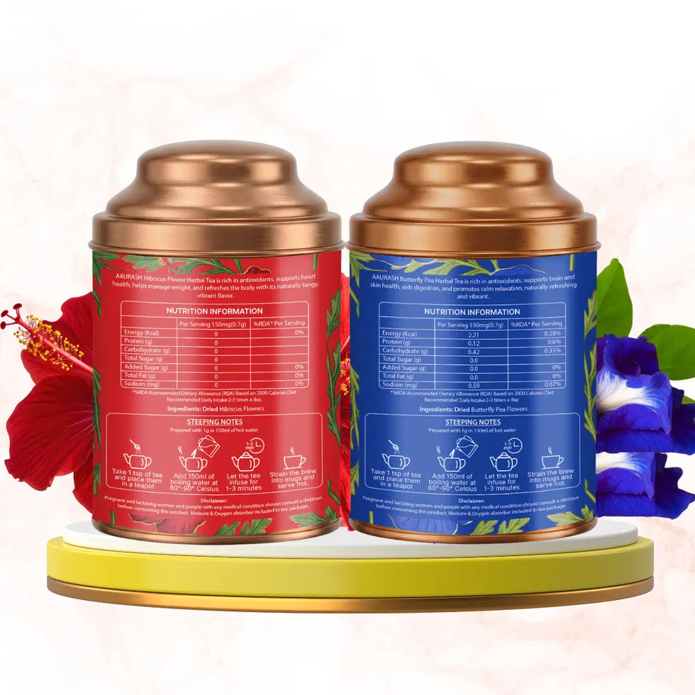 Aaurash Hibiscus Tea & Blue Tea Combo | Natural Flower Tea | Supports Relaxation, Skin Glow & Detox | Caffeine-Free Herbal Tea | Rich in Antioxidants 34136