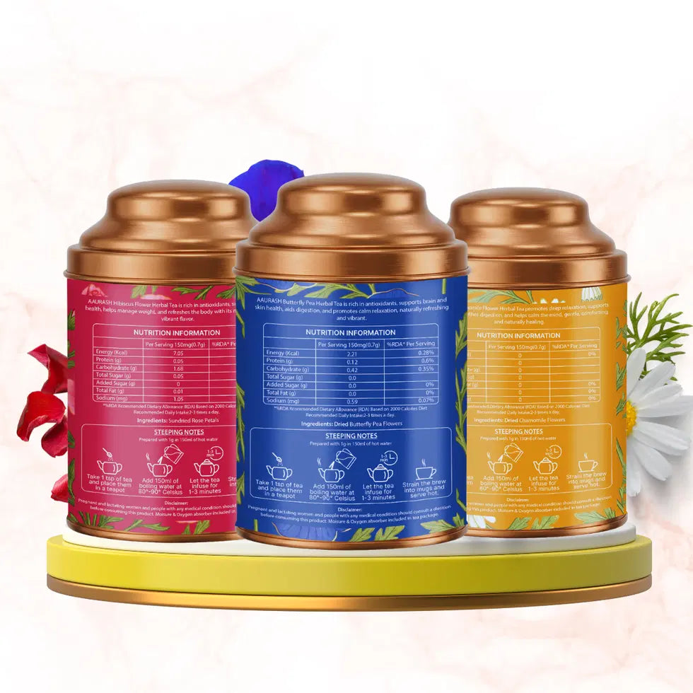 Aaurash Chamomile Tea, Blue Tea & Rose Tea Combo | 100% Natural Flower Tea | Caffeine-Free Herbal Tea | Supports Relaxation, Better Sleep & Skin Health | Rich in Antioxidants 34136