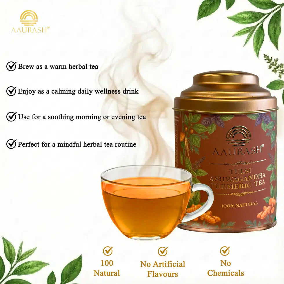 Aaurash Tulsi Ashwagandha Turmeric Tea for Immunity | Naturally Caffeine Free Ashwagandha Herbal Tea (60gm) 34136