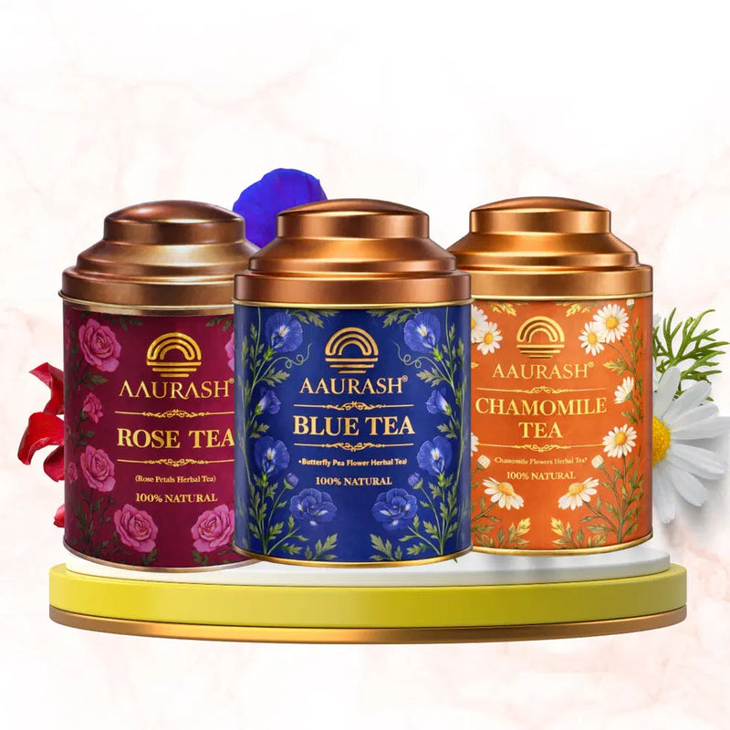 Aaurash Chamomile Tea, Blue Tea & Rose Tea Combo | 100% Natural Flower Tea | Caffeine-Free Herbal Tea | Supports Relaxation, Better Sleep & Skin Health | Rich in Antioxidants 34136