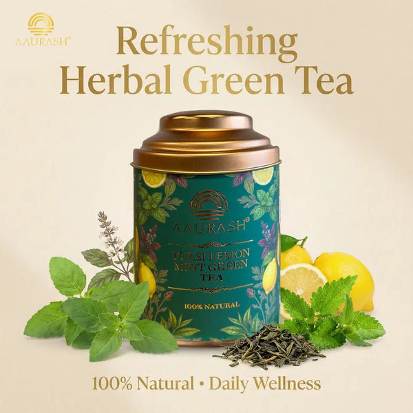 Aaurash Tulsi Lemon Mint Green Tea | Lemon Mint Flavor | Refreshing Blend | Loose Tea Tulsi Herbal Tea Tin (60 g) 34136