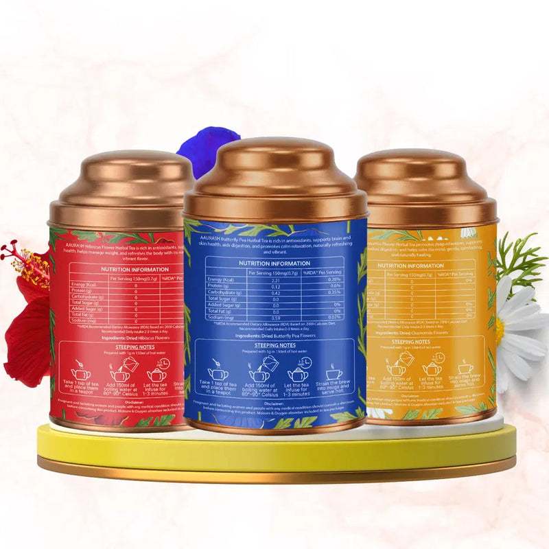 Aaurash Chamomile Tea, Blue Tea & Hibiscus Combo | 100% Natural Flower Tea | Caffeine-Free Herbal Wellness Tea | Supports Relaxation, Skin Health & Detox | Rich in An 34136