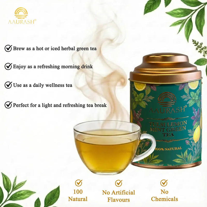Aaurash Tulsi Lemon Mint Green Tea | Lemon Mint Flavor | Refreshing Blend | Loose Tea Tulsi Herbal Tea Tin (60 g) 34136