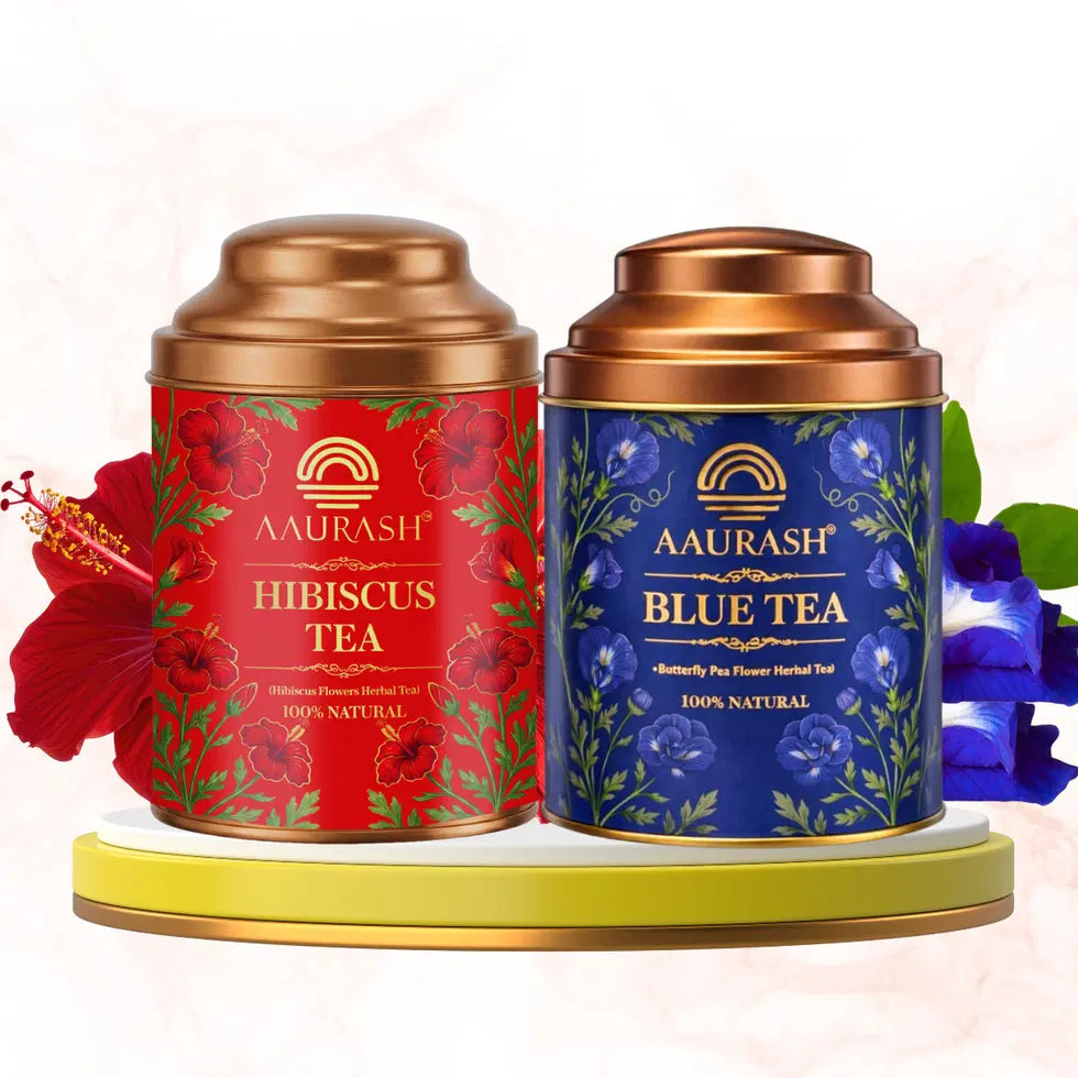Aaurash Hibiscus Tea & Blue Tea Combo | Natural Flower Tea | Supports Relaxation, Skin Glow & Detox | Caffeine-Free Herbal Tea | Rich in Antioxidants 34136