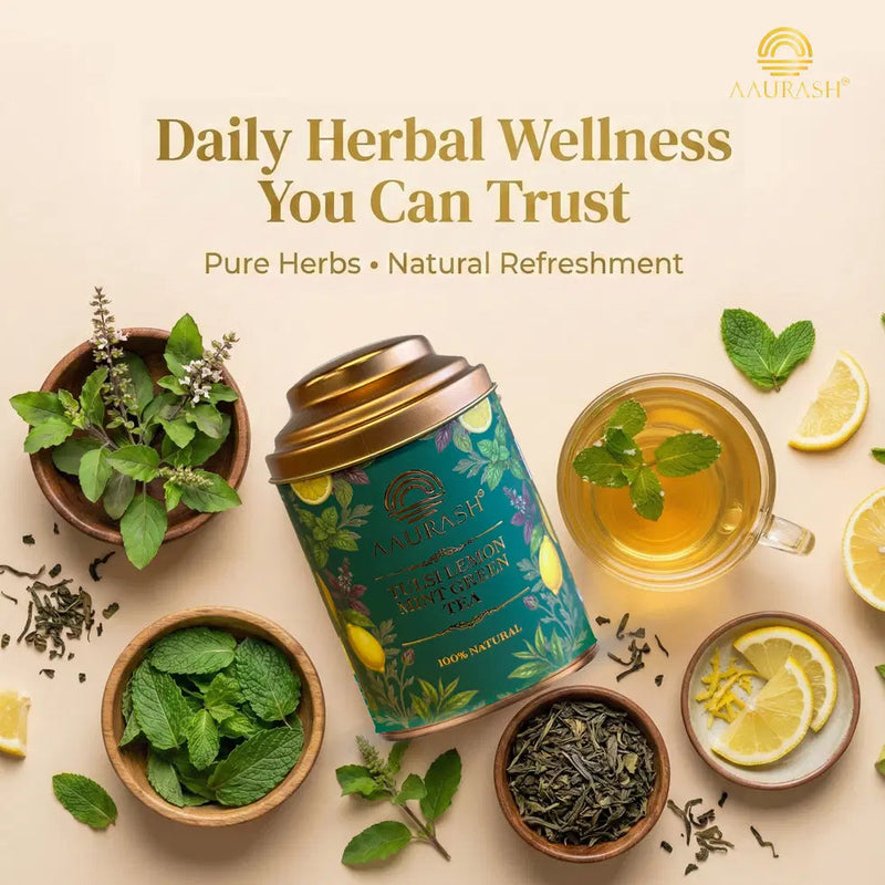 Aaurash Tulsi Lemon Mint Green Tea | Lemon Mint Flavor | Refreshing Blend | Loose Tea Tulsi Herbal Tea Tin (60 g) 34136