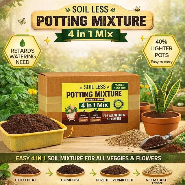 4-in-1 Soil Less Potting Mixture - Cocopeat, Vermiculite, Neem Khad, Organic Plant Food (100gm Each) (4 Packets) 205