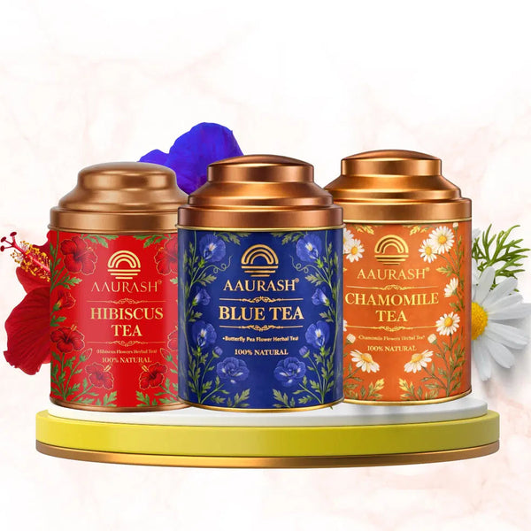 Aaurash Chamomile Tea, Blue Tea & Hibiscus Combo | 100% Natural Flower Tea | Caffeine-Free Herbal Wellness Tea | Supports Relaxation, Skin Health & Detox | Rich in An 34136