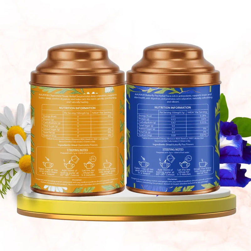 Aaurash Chamomile Tea & Blue Tea Combo | 100% Natural Flower Tea | Caffeine-Free Wellness Tea | Supports Relaxation, Better Sleep & Skin Health | Rich in Antioxidants Herbal Tea 34136